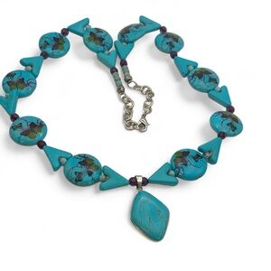 Vintage Faux Turquoise Howlite Butterfly Bead Necklace & Purple AB Accent Beads